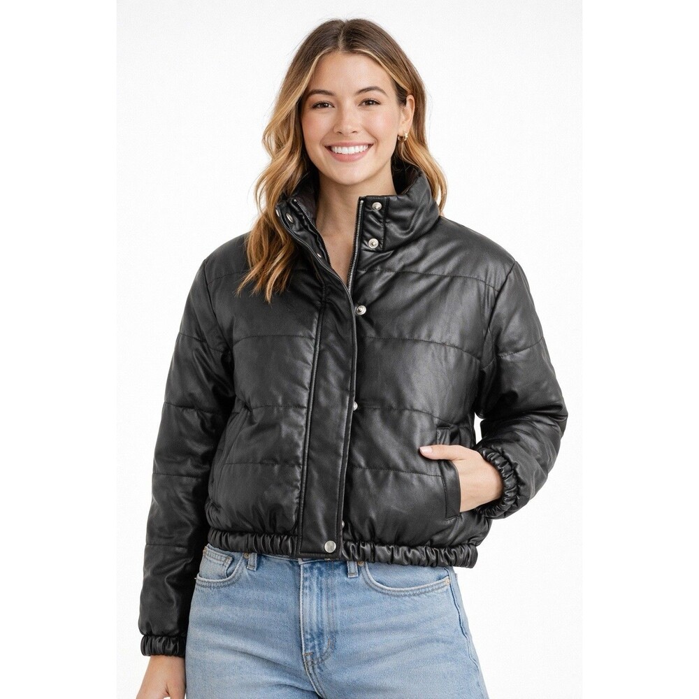 Reserve Fairfax Black Faux Leather Puffer Jacket Women’s Size S Cropped Winter